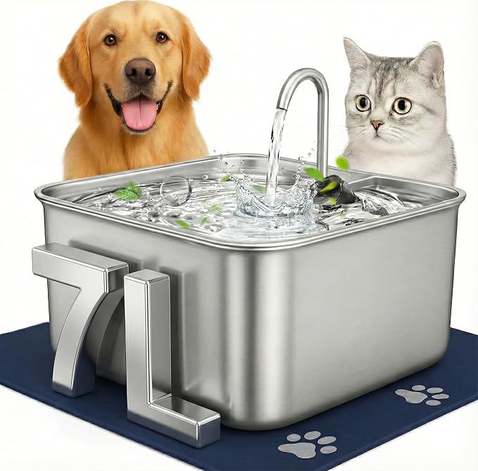 Stainless Steel Cat Water Fountain 7L with Waterproof Mat – Large Dog & Multi-Pet Automatic Drinking Fountain, Quiet Pump, 3-Stage Filtration & LED Water Window