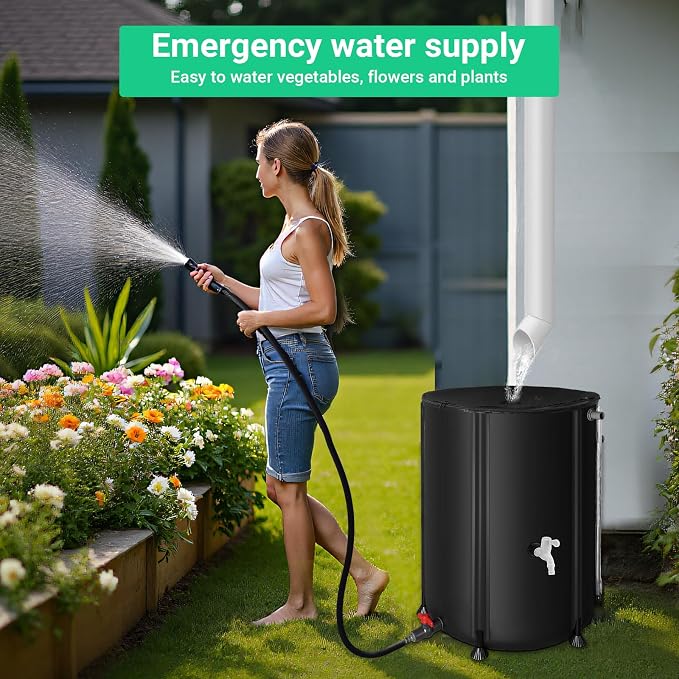 FAMIROSA 50 Gallon / 200L Rain Barrel, Collapsible Rain Barrels to Collect Rainwater from Gutter with Spigots and Overflow, 500D PVC Portable Rain Water Collection Catching System, Water Catcher Tank