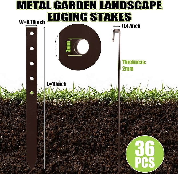 Fumete 36 Pcs 10'' Metal Landscape Stakes Bulk Garden Ground Edging Spikes with Holes Heavy Duty Anchoring Spike Carbon Steel Lawn Stake for Flowerbed Edging Grass Board Barrier Yard(Brown)