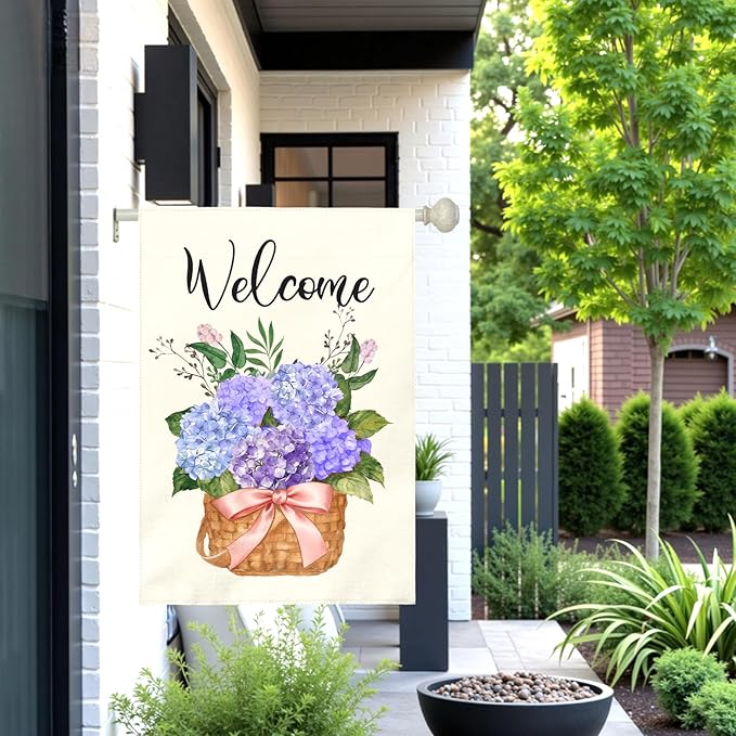 Hydrangea Welcome Garden Flag Large 28x40 Inch Spring Summer Watercolor Floral Outdoor House Banners Blue Purple Hydrangeas Basket Flowers Porch Yard Flags for Outside Seasonal Home Decor