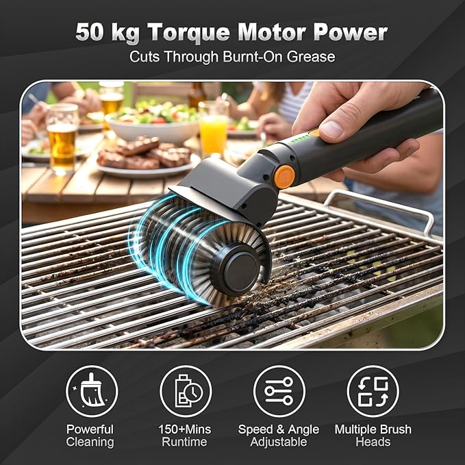 Upgraded Electric Grill Brush - Extreme 50kg Torque Power Grill Brush, 7.4V Motor, Safe for All Grills, SUS304 Anti-Shedding Bristle, with Heat Resistant Mat & Polishing Pad