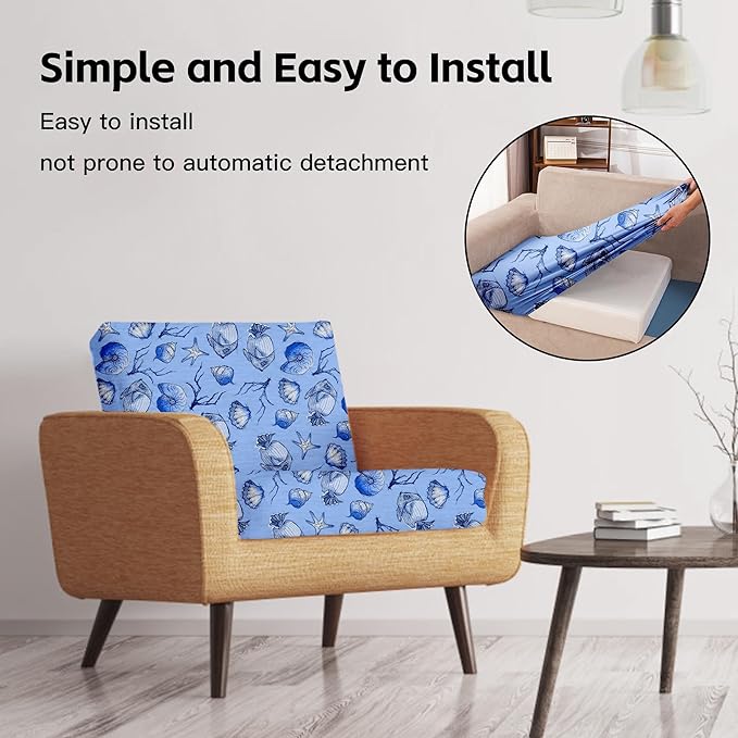 8Pcs Patio Cushion Covers,Outdoor Cushions Covers,Stretch Cushion Covers Replacement, Washable and Reusable Furniture Protectors(Shells & Fish)
