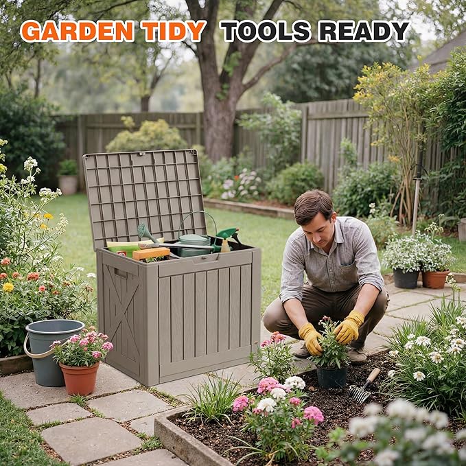 42 Gallon Outdoor Storage Box, Lockable Resin Deck Box for Patio, Yard, and Poolside, Waterproof & Sunproof Organizer for Furniture, Tools, Pool Supplies, Coffee