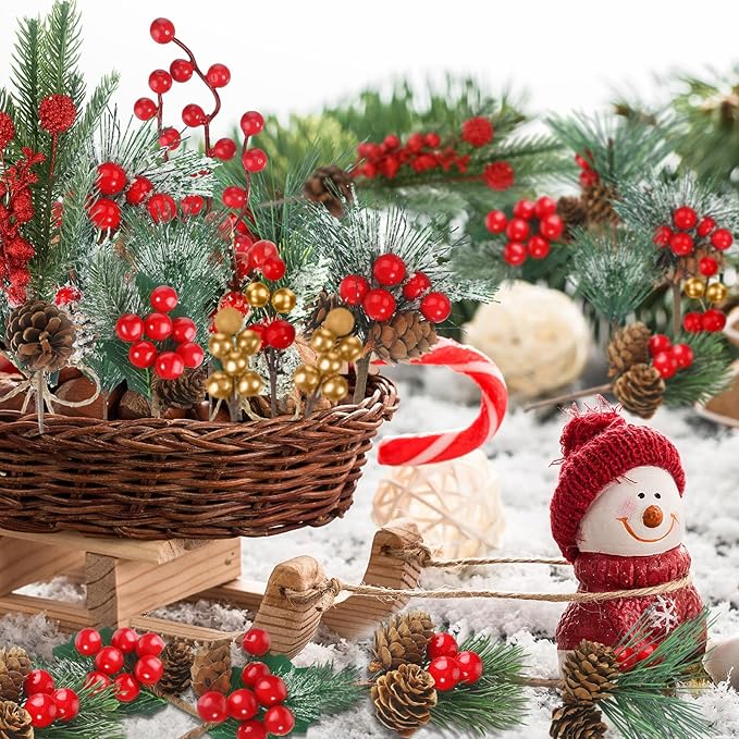 Riceshoot 42 Pcs Christmas Picks with Pine Cones Holly Berry Artificial Red Berries Stems Pine Branches Small Christmas Berry Picks for Crafts Wreath Garland Decoration
