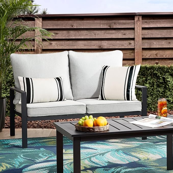 OTOSTAR Pack of 2 Outdoor Waterproof Decorative Pillow Covers 12x20 Inch Linen Geometry Pillowcases Cushion Case Garden Throw Pillow Covers Pillows Shell for Patio Furniture Couch Tent Balcony (Black)