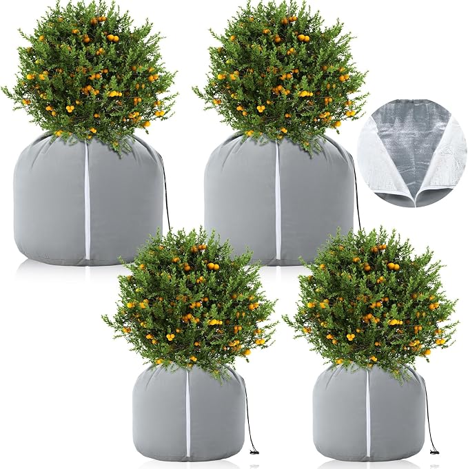 Windyun 4 Pack Plant Winter Protection Pot, 2 PCS 19.7" x 17.7" and 2 PCS 25.6" x 27.6" Flower Pot Protection Bags Cold Weather Plant Cover for Winter Outdoor Fruit Trees Potted(Gray)