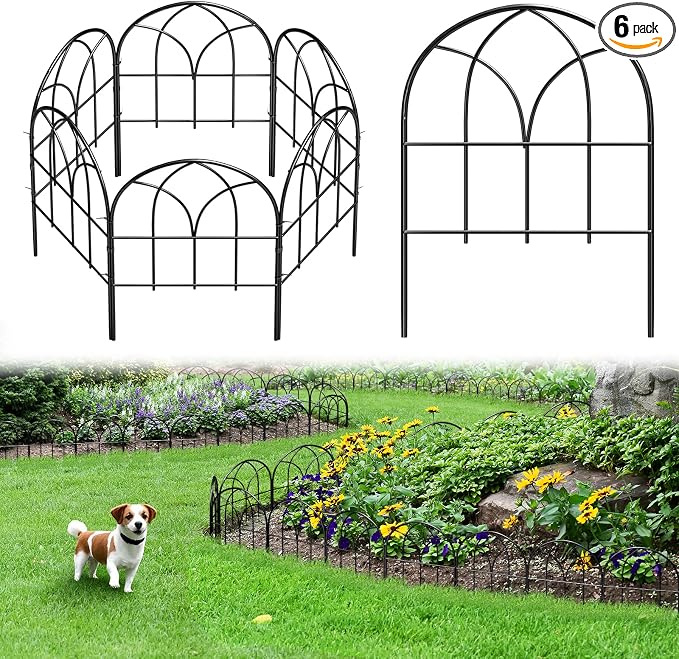 Small Garden Fence Animal Barrier, W12.55*H16.53 Decorative Fence Panel, No Dig Fences Barrier, Arch 6 Pcs Black Metal Fencing, Garden Border Edging Fences, Dog Fencing Blocker for Yard, Flower Bed
