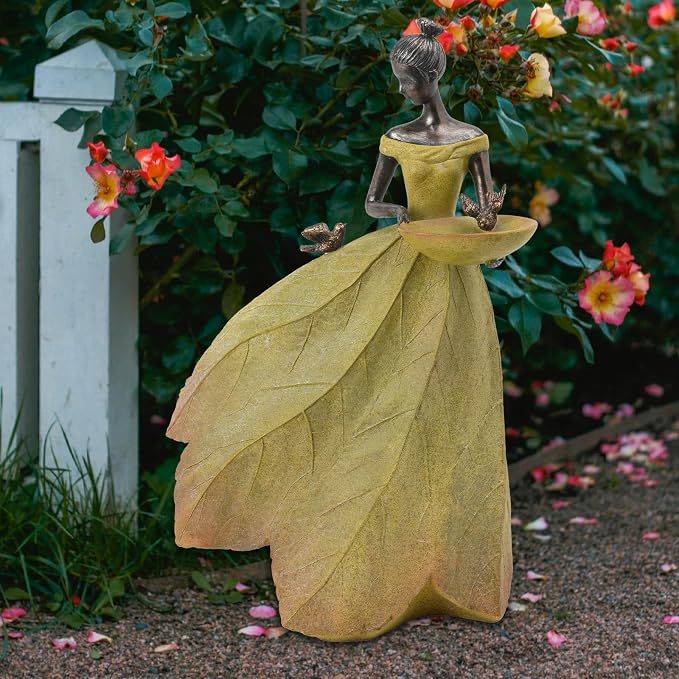 DiliComing Large Garden Fairy Statue Bird Feeder & Bird Bath - 23-Inch Resin Outdoor Yard Decor Angel Statue, Decorative Girl Sculpture for Garden, Lawn, Patio Yellow