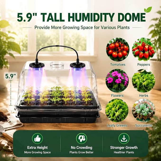 2 Sets 60 Cell Seed Starter Tray with Grow Lights and Heat Mat, Seed Starter Kit with 5.9” Humidity Dome and Vents, Indoor Plant Germination Trays, Seedling Startering Trays for Faster Germination