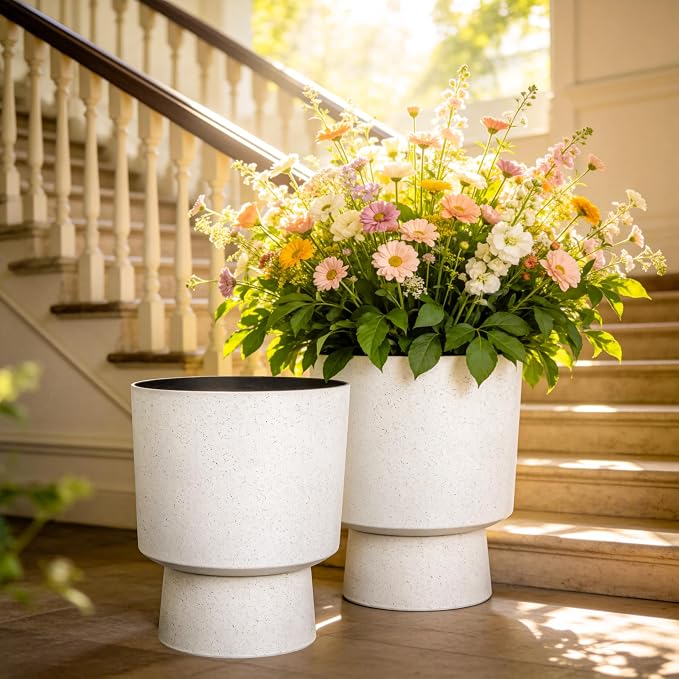 16.75"H Urn-Style Tall Planters, 2-Pack Modern Large Flower Pots for Outdoor Indoor, 2-in-1 Design Plant Containers for Garden Patio Yard Balcony Porch or Home Decor, White Terrazzo, UV-Protect