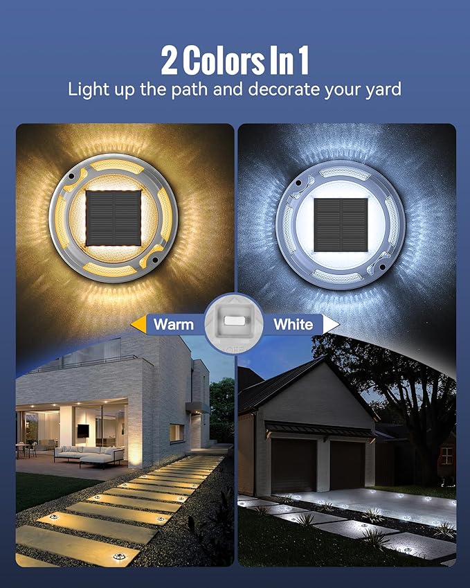 Solar Driveway Lights Dock Lights Waterproof 4 Pack, 2 Colors in 1 Outdoor LED Solar Deck Light, Solar Powered Walk Way Light Road Marker for Warning Stair Pathway Patio(Warm & Cool)