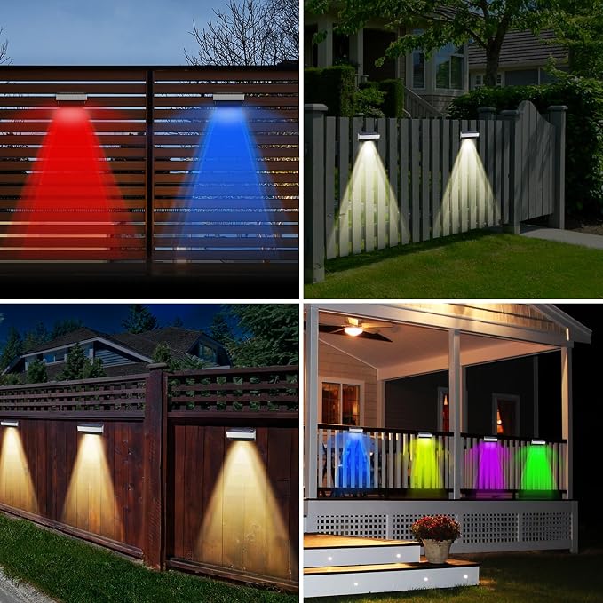 Solar Fence Lights Outdoor,4 Pack Step Lights Solar Powered with 9 Lighting Options, IP65 Waterproof, Deck Light Solar Powered for Outside/Backyard/Patio/Wall/Railing/Pool/Stair
