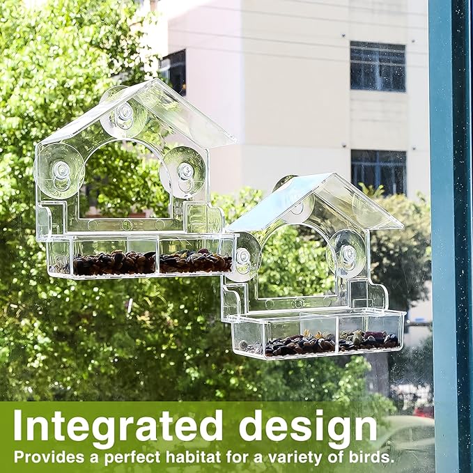 2PCS Window Bird Feeder with 4 Extra Strong Suction Cups, Clear Birdfeeders Bird House for Outdoors Window Viewing Outside, Removable Tray Birdhouse