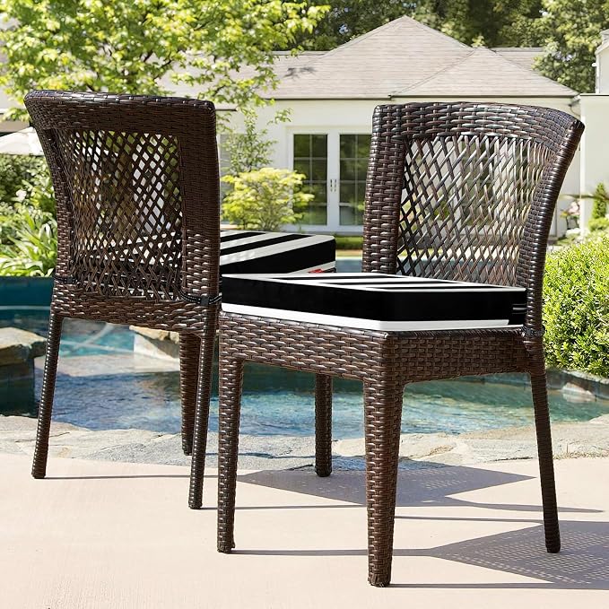 Patio Chair Cushions 24x24 Inch, Water Repellent Outdoor Seat Cushions with Adjustable Straps, Fade Resistant Replacement Cushions for Garden Deck Sofa Couch, Set of 2, Black White