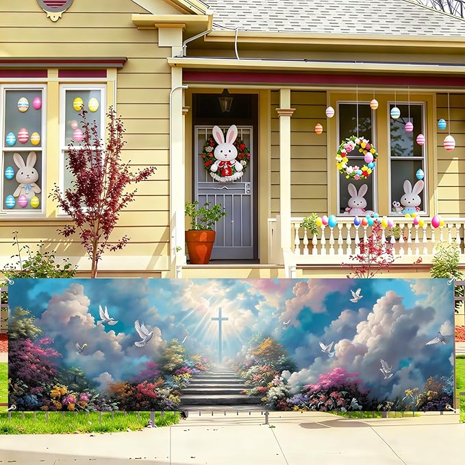 Christian Cross Fence Banner 118 x 35 Inch, Large Waterproof Outdoor Religious Banner with Stairway to Heaven Clouds & Doves for Yard Porch Fence Church Decorations
