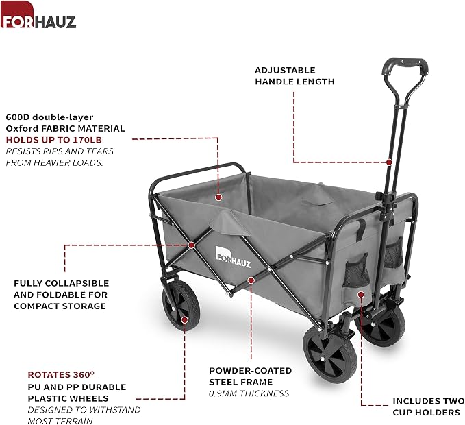 ForHauz Folding Collapsible Heavy Duty Wagon Cart with All-Terrain Wheels for Outdoor Utility, Beach and Garden, Gray