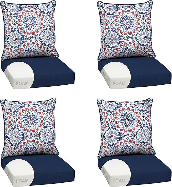Arden Outdoor Foam Deep Seat Cushion Set (4-Pack), 24x24, Premium High-Density Foam, Never Flattens, Weather-Proof for Patio Chair Sofa Couch, Clark Blue