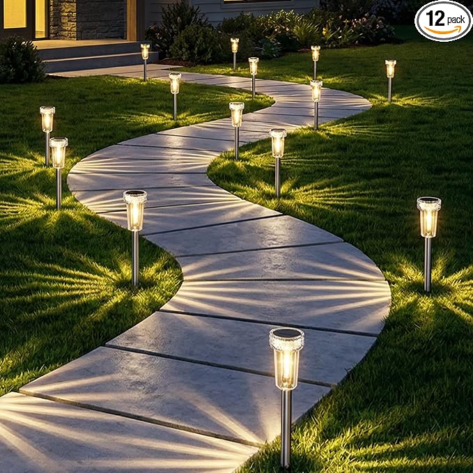 DERAYSION 12 Pack Solar Pathway Lights Outdoor, Solar Powered Garden Lights Auto On/Off, Waterproof Stainless Steel Pole Landscape Lighting for Path, Yard, Walkway, Driveway Decor - Warm White