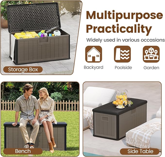 Giantex 100 Gallon Deck Box, Waterproof Resin Box with Lockable Lid, 440Lbs Outdoor HDPE Storage Container Bench for Patio Furniture Cushions, Pool Tools & Garden Accessories (Brown)