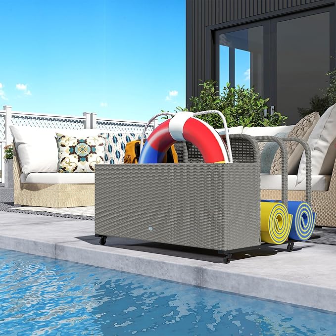 Outsunny Wicker Patio Pool Float Storage Basket, PE Rattan Outdoor Pool Caddy with Rolling Wheels for Floaties, Noodles, Life Vests, Beach Balls, Patio Furniture, Mixed Gray