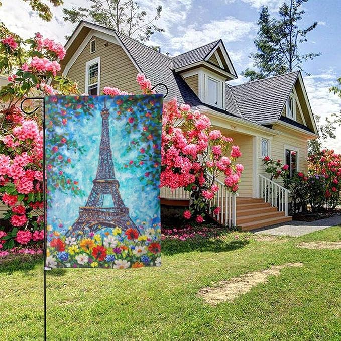 Delerain Eiffel Tower Spring Flowers Garden Flag, 12.5 x 18 Inch Double Sided Design Weather Resistant Indoor & Outdoor Decoration Small Banner For Home Yard Lawn Patio Office