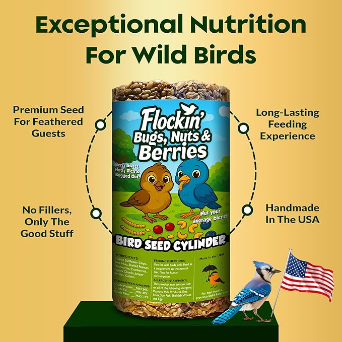 Bugs, Nuts & Berries Bird Seed Cylinders with Hole – Wild Bird Food for Blue Bird, Woodpeckers, Cardinals & More – Premium Protein-Rich All Natural Blend, No Fillers – USA Made (3.75 lbs, 6" x 7.75")