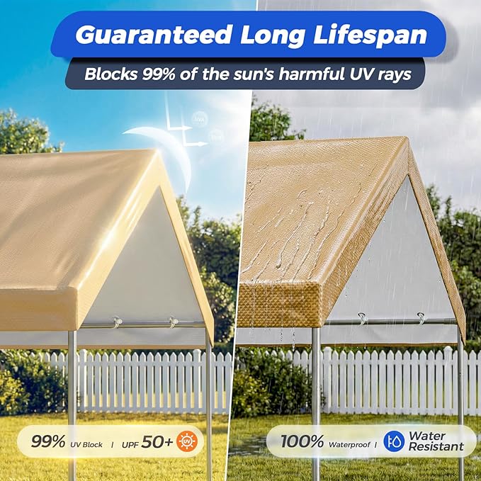 12x20 FT Carport Canopy Replacement Cover, Heavy Duty Car Garage Top Tent Shelter Tarp, Waterproof & UV Protected, Easy Installation with Ball Bungees, Beige (Frame Not Included)