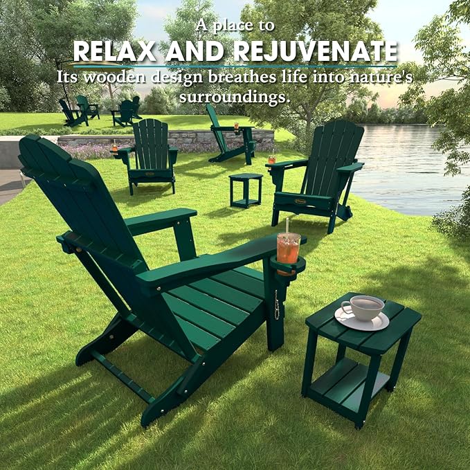 THOEOE Folding Adirondack Chair, HDPE All-Weather Outdoor Chair with Cup Holder, Wooden Textured, Fire Pit Chair, Plastic Patio Chair for Deck, Backyard, Garden, Lawn, Green