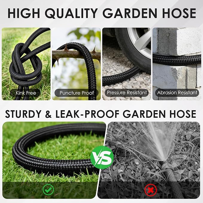 Garden Hose 50 FT, Non-Expanding Lightweight Water Hose with 10 Function Nozzle, Flexible, Kink Free, Wear-Resistant Fabric Leak Proof Garden Hoses for Outdoor, Yard, Lawn, Car, Marine, RV, Pet Bath