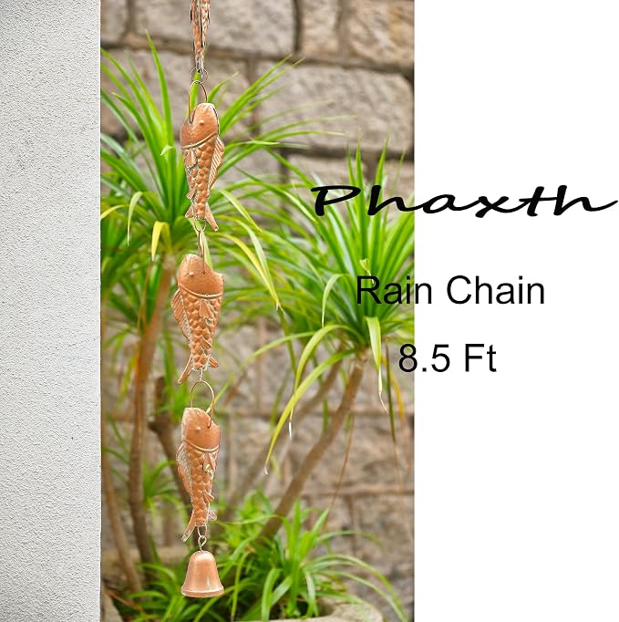 Copper Patina Rain Chain with Rainbow Trout for Heavy Rain, Functional and Decorative Replacement Downspout Chain for Outside, Rain Catcher Chain for Gutters, 8.5FT