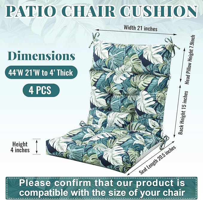 Sintuff 4 Pcs 44 x 21 x 4 Patio Chair Cushions Outdoor Chair Cushion Seat/Back Tufted Pillow with Ties Water Resistant Replacement Indoor Patio Furniture Outdoor Furniture (Leaves,Green)