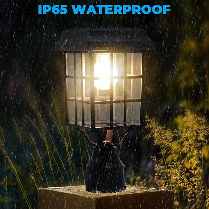 ST4329Q-A Solar Post Light Squared Frame Exterior Waterproof Led Fixture for Outdoor Garden Street Post Pole Yard Driveway Walkway Entryways (Flat Roof)
