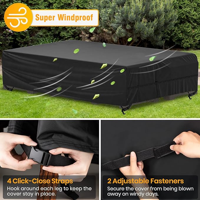 Velway Patio Furniture Cover Waterproof Outdoor Sectional Sofa Set Covers, All Weather Oxford Tear-Resistant Rectangular Table Chair Set Cover with Windproof Design, Large 126x63x28 Inch, Black
