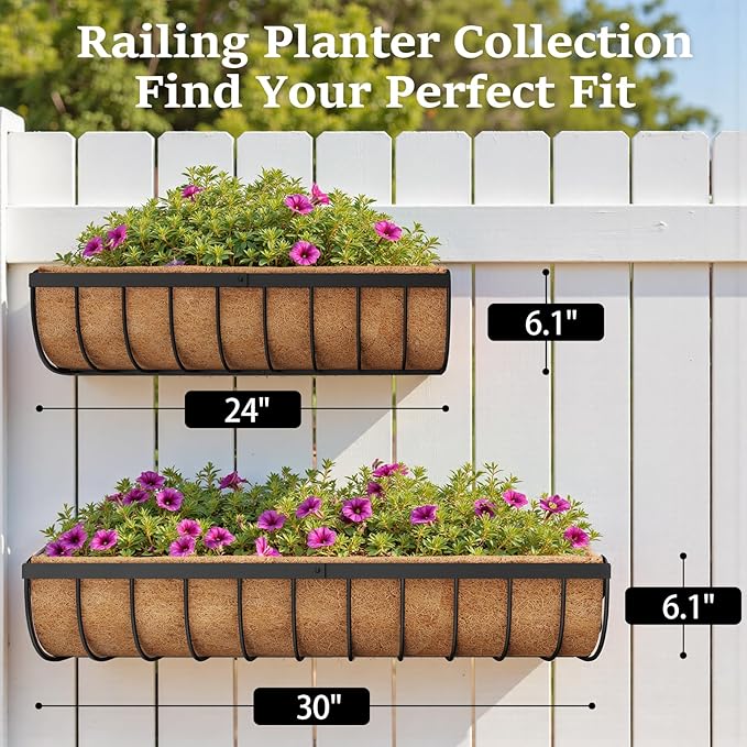VOXOR Railing Planter Boxes, 24 Inch Window Boxes Planters, Balcony Planters with Adjustable Brackets & Coco Liner & Support Rod for Outdoor Fence, Deck, Porch, and Patio Gardening, 2 Pack