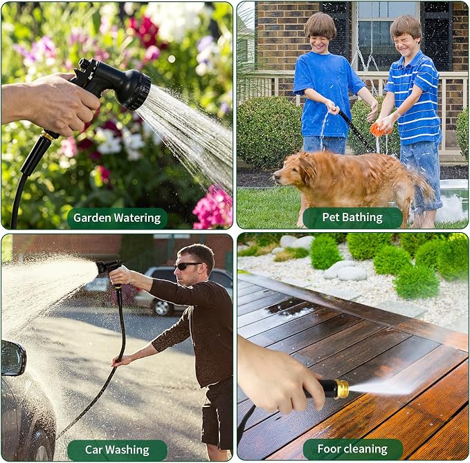 Garden Hose Non-Expanding Water Hose Lightweight, Flexible Garden Hose with 10 Function Nozzle, Kink-Free, Durable, High-Pressure, Abrasion Resistant Hoses for Yard, Garden, Car Wash (100 FT)