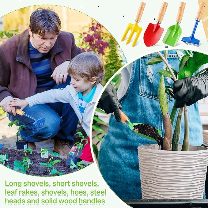 8 Pcs Kids Gardening Tools, Long Shovel, Rake for Leaves, Spade, Hoe, Steel Heads and Real Wood Handle, Yard Tools for Children Toddlers Gifts
