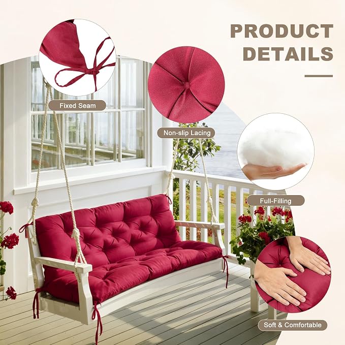 Porch Swing Cushion with Backrest,Waterproof Bench Cushion for Outdoor Furniture,2-3 Seater Replacement Thickened Swing Cushion with Ties,Patio,Outdoor,Backyard and Garden (Wine Red,60x40)