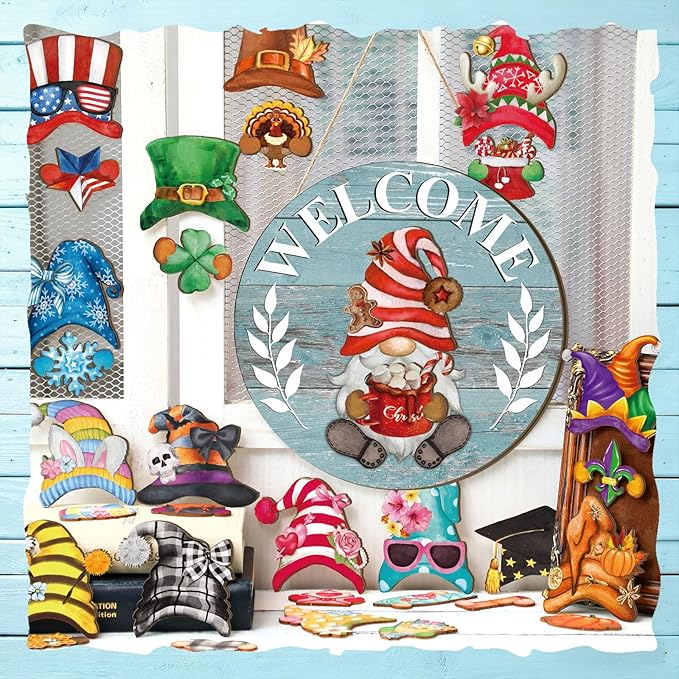 Qunclay Interchangeable Wooden Gnome Decor Holiday Seasonal Gnome Decorations with Magnet Pieces and Detachable Hats Changeable Welcome Sign for Home(Blue)