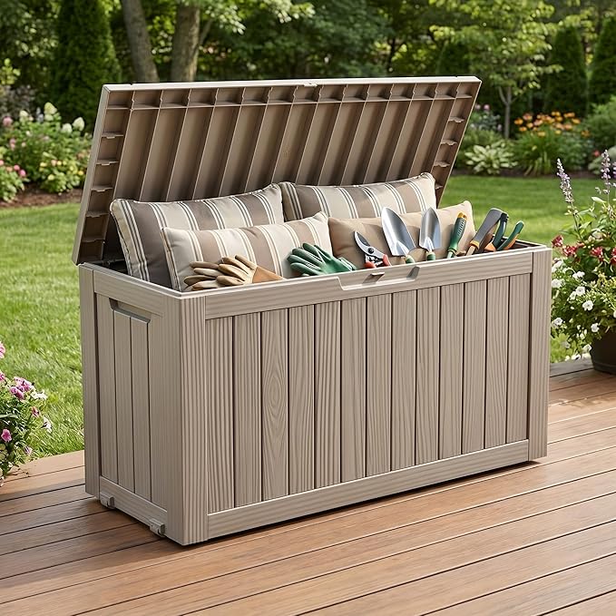 75 Gallon Outdoor Storage Box, Waterproof Resin Deck Box for Patio Cushions & Gardening Tools, Lockable Indoor/Outdoor Storage Bin, Stylish Grey Design