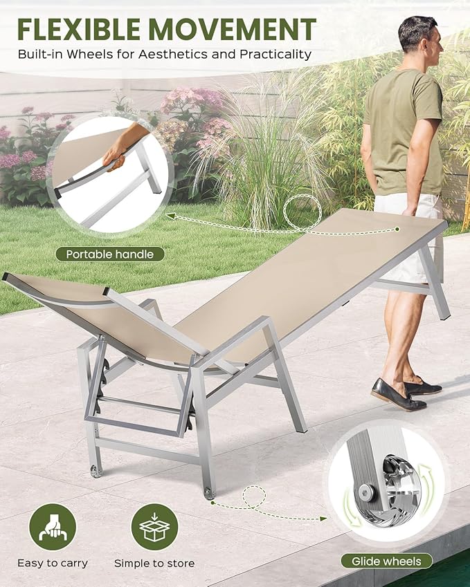 Vexwalx Patio Chaise Lounge Chair Outdoor with Wheels&Armrests, Aluminum Pool Lounge Chairs 5-Position Adjustable Recliner, Outdoor Beach Lounge Chairs for Poolside, Patio, Deck, Yard, Khaki
