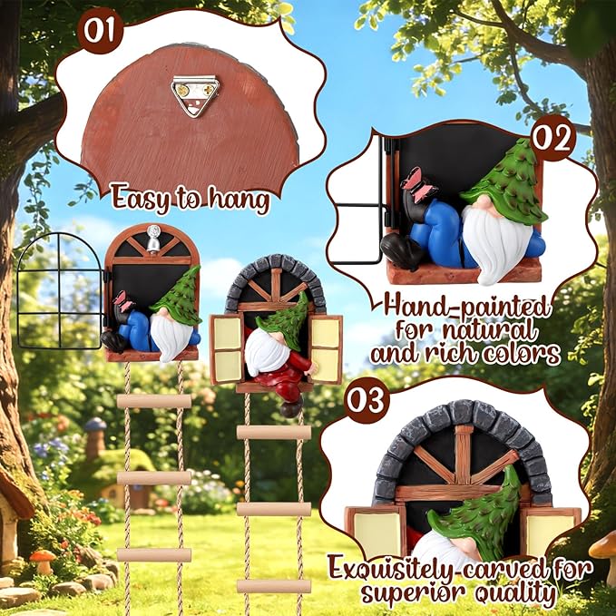 Thyle 4 Pieces Garden Gnomes Outdoor Tree Hugger Gnome Fairy Statue Elf Out the Door Resin Figurine Hanging Ladder Decoration Tree Faces Decor Outdoor for Patio Yard Lawn (Woodland Style)