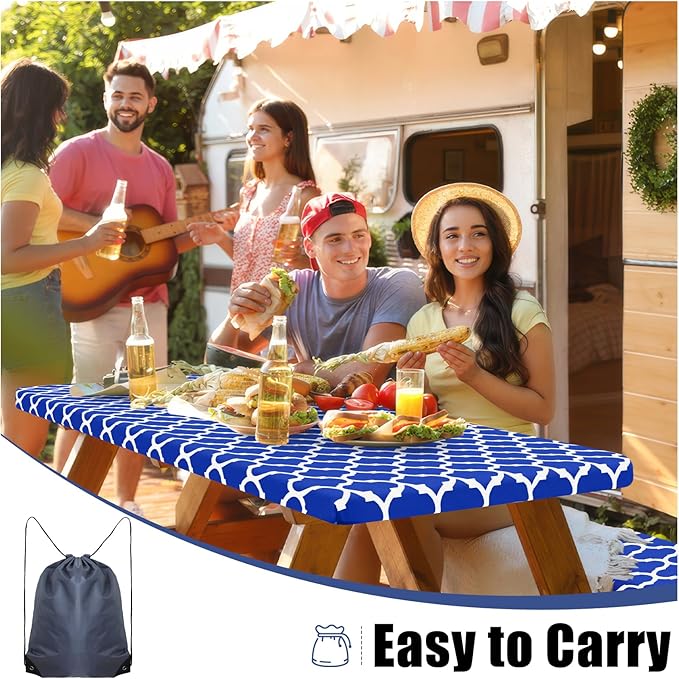 Smiry Picnic Table Cover with Bench Covers, Waterproof Elastic Fitted Tablecloth for 6 Foot Tables, Washable Polyester Tablecloths for Camping, Indoor & Outdoor (Blue, 30x72 Inch 3-pc Set)
