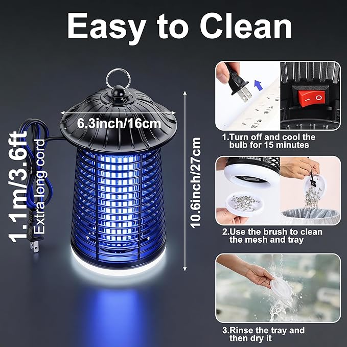 Bug Zapper Outdoor/Indoor,Mosquito Zapper 4200V High Powered Waterproof Electronic Mosquito Killer,15W UVA Mosquito Lamp Bulb,Fly Traps Patio Insects Killer (Black and White) (Dark Black)