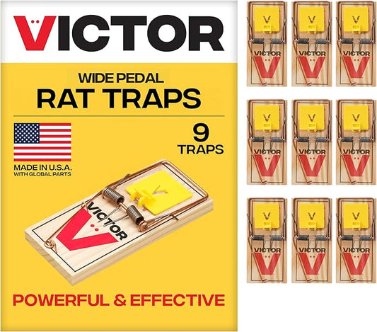 Victor M205-9 Wide Plastic Pedal Sustainably Sourced FSC Wood Humane Snap Rat Traps - 9 Wooden Traps