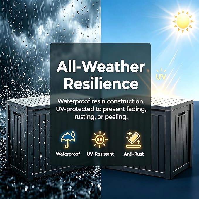 151 Gallon Resin Deck Box with Lockable Lid – Heavy-Duty Outdoor Storage for Patio Furniture, Garden Tools, Pool Accessories, BBQ Supplies – All-Weather Wood Grain Design