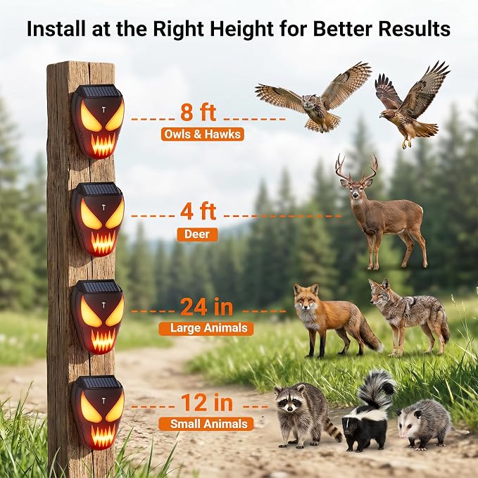 4 Pack Solar Nocturnal Animal Repeller with Predator Lights, Waterproof Coyote Deterrent Devices for Raccoon, Skunk, Opossum & Deer, Fox Repellent for Yard, Farm, Chicken Coop, Garden
