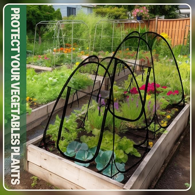 Domensi 4 Pcs Summer Pop Up Gardening Net Cover 33.5 x 33.5 x 37 Inch Pop up Mesh Plant Cover with 16 Ground Stakes for Vegetable Fruit Flower Plant Protectors from Animals Plant Tent Popup Greenhouse
