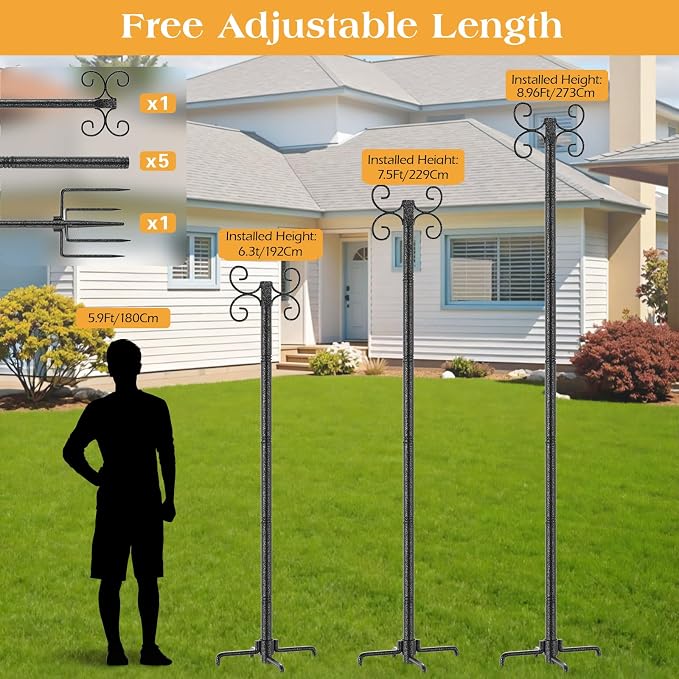 2 Pack Outdoor String Light Poles, 3M/10FT Adjustable Height Metal Lights Hanging Pole with 4 Hooks and Rustproof, for Patio Garden Deck Backyard Lawn Sunshade and Decor