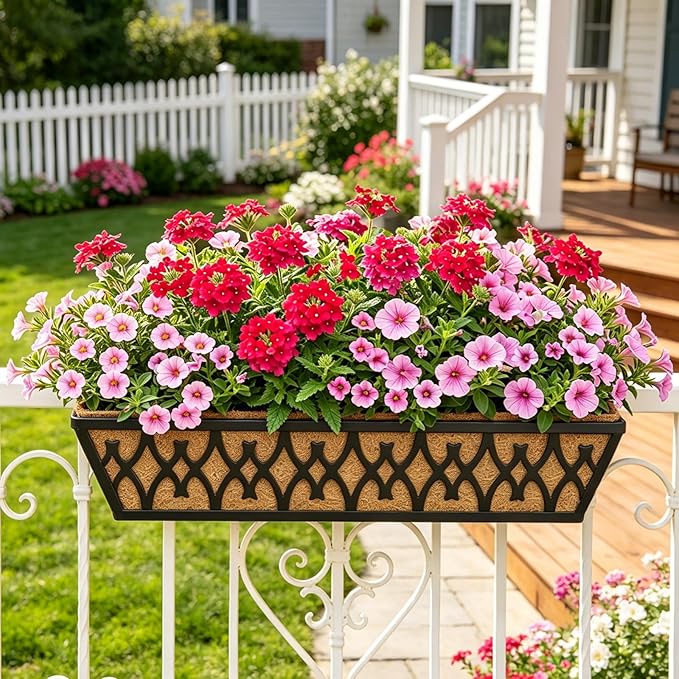 4 Pack 24 Inch Window Boxes Planters for Outdoor Plants Railing Planter Box with Adjustable Brackets for Windowsill Porch Fence Patio Hanging Flower Coco Baskets for Outside Decoration - Black