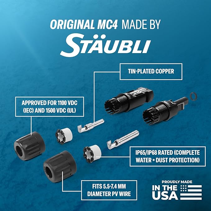 Staubli MC4 Male & Female Solar Panel Connectors (10 Pairs) – for PV Cable, Made in USA